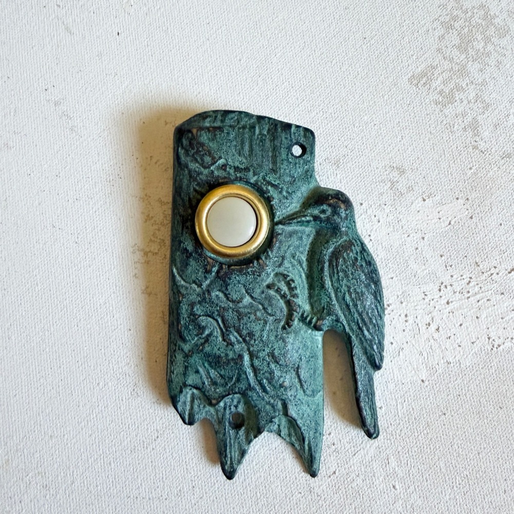 SPI Woodpecker Doorbell Button Brass Bronze Patina Vintage Style